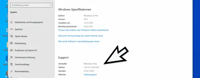 Support information Windows 10