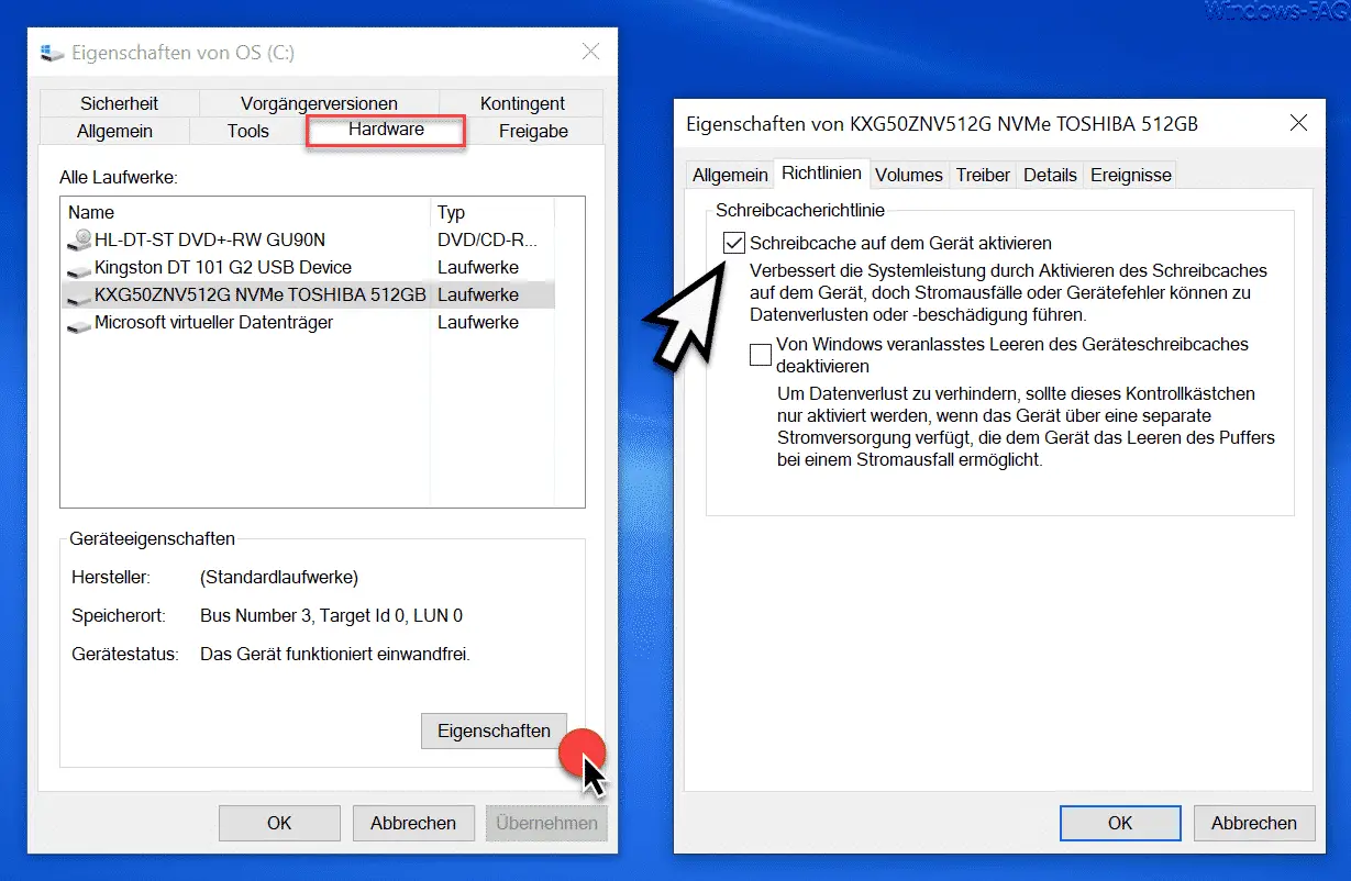 Activate write cache on the device