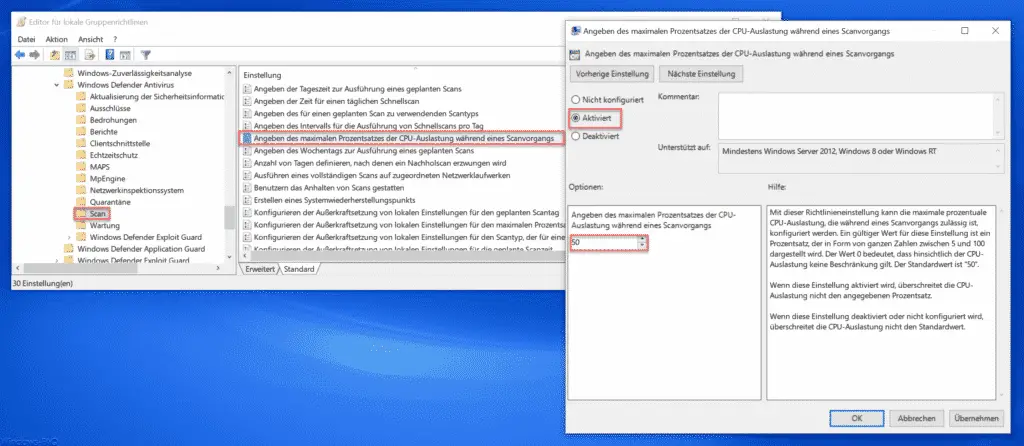 Specify the maximum percentage of CPU usage during a scan