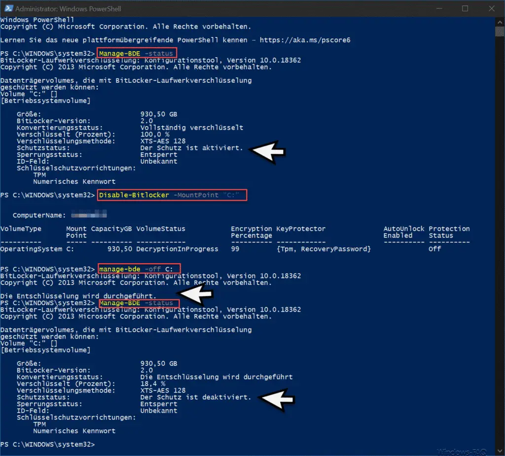 Deactivate Bitlocker via PowerShell