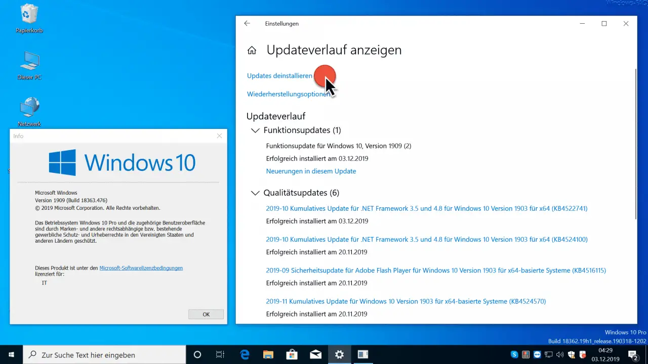 Windows 10 1909 - uninstall updates