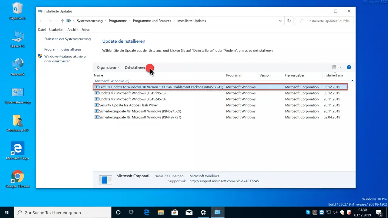 Uninstall Feature Update to Windows 10 Version 1909 KB4517245