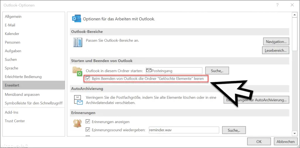 Empty Outlook Deleted Items folder when exiting Outlook