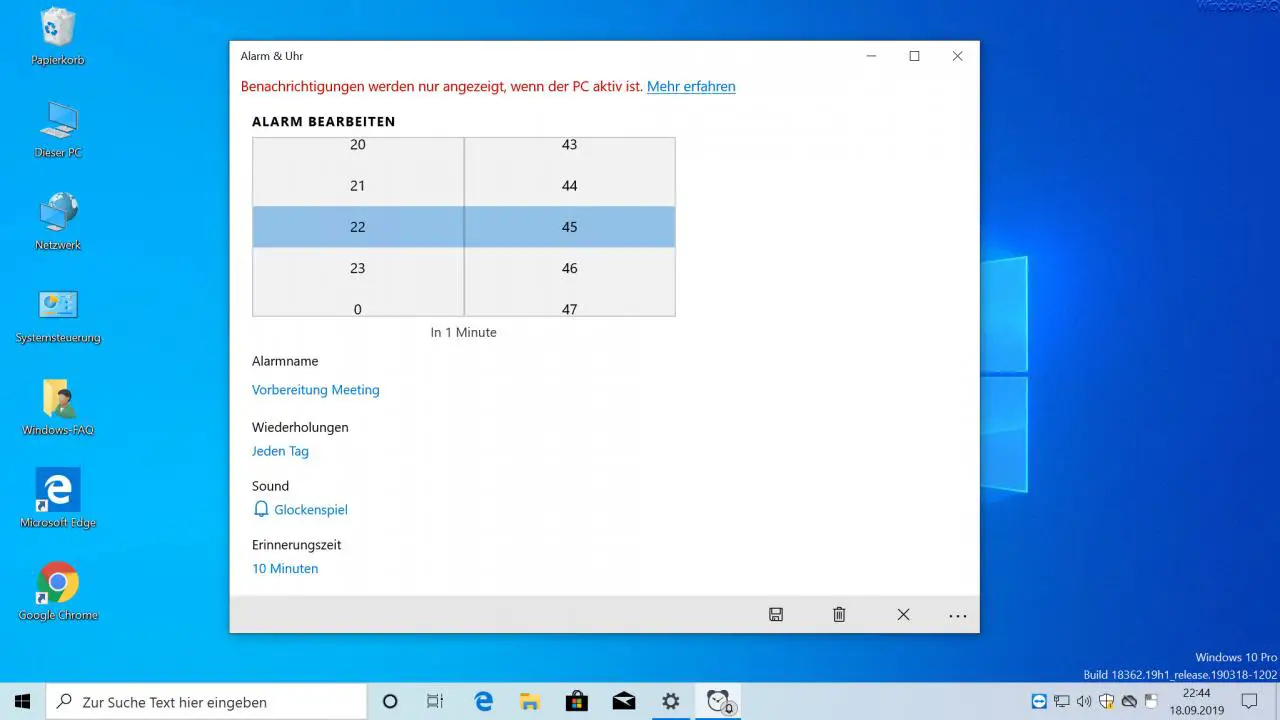 Edit alarm Windows 10