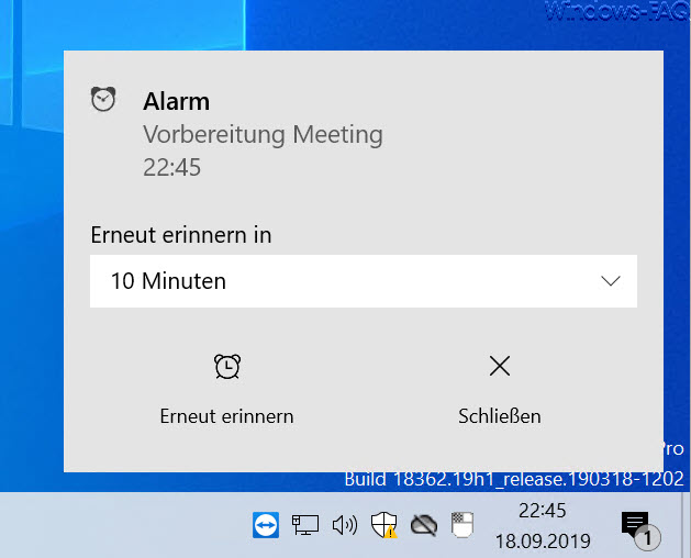 Alarm notification Windows 10