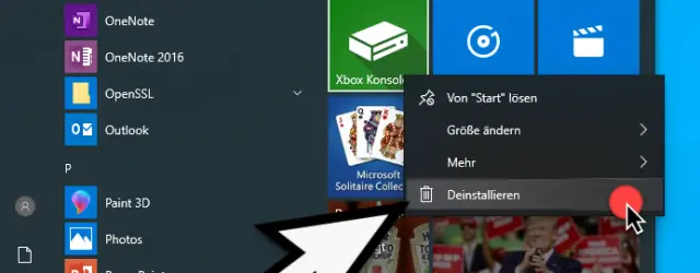 Delete apps directly in the Windows 10 start menu