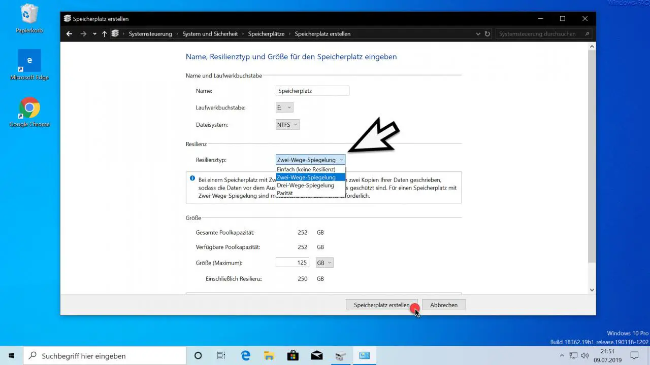 Enter the name and resilience type and size for the storage space