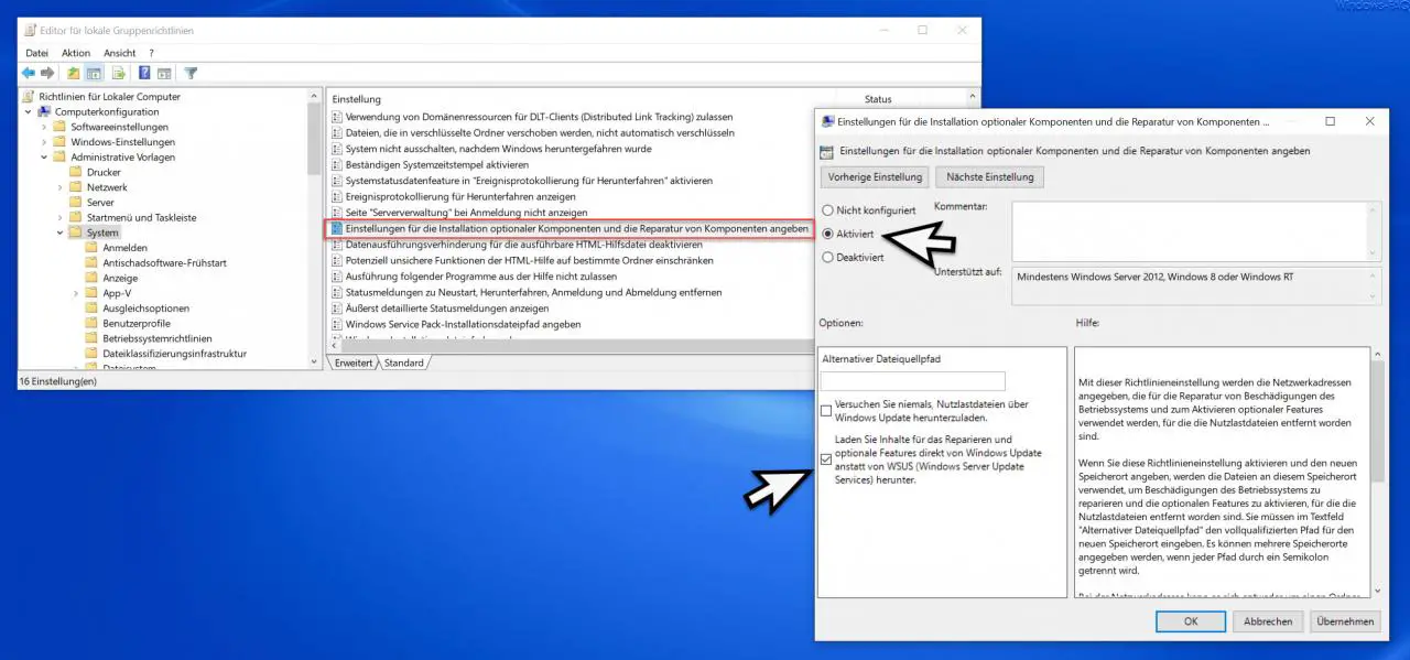 Specify settings for installing optional components and repairing components