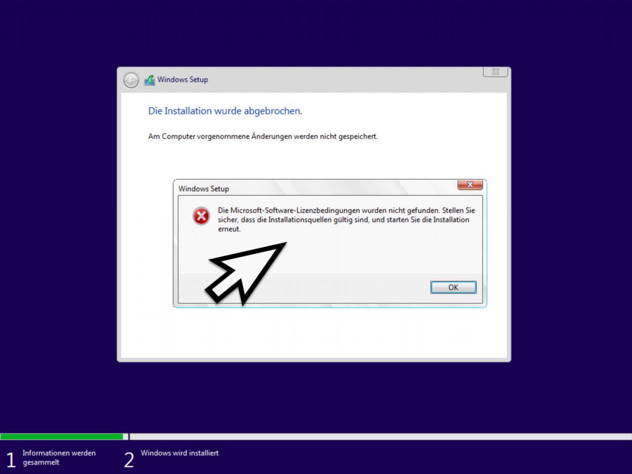 Microsoft software license terms did not start. Make sure the installation sources are valid and start the installation again.