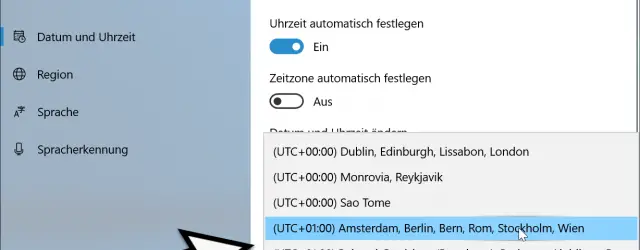 Display of the possible time zones