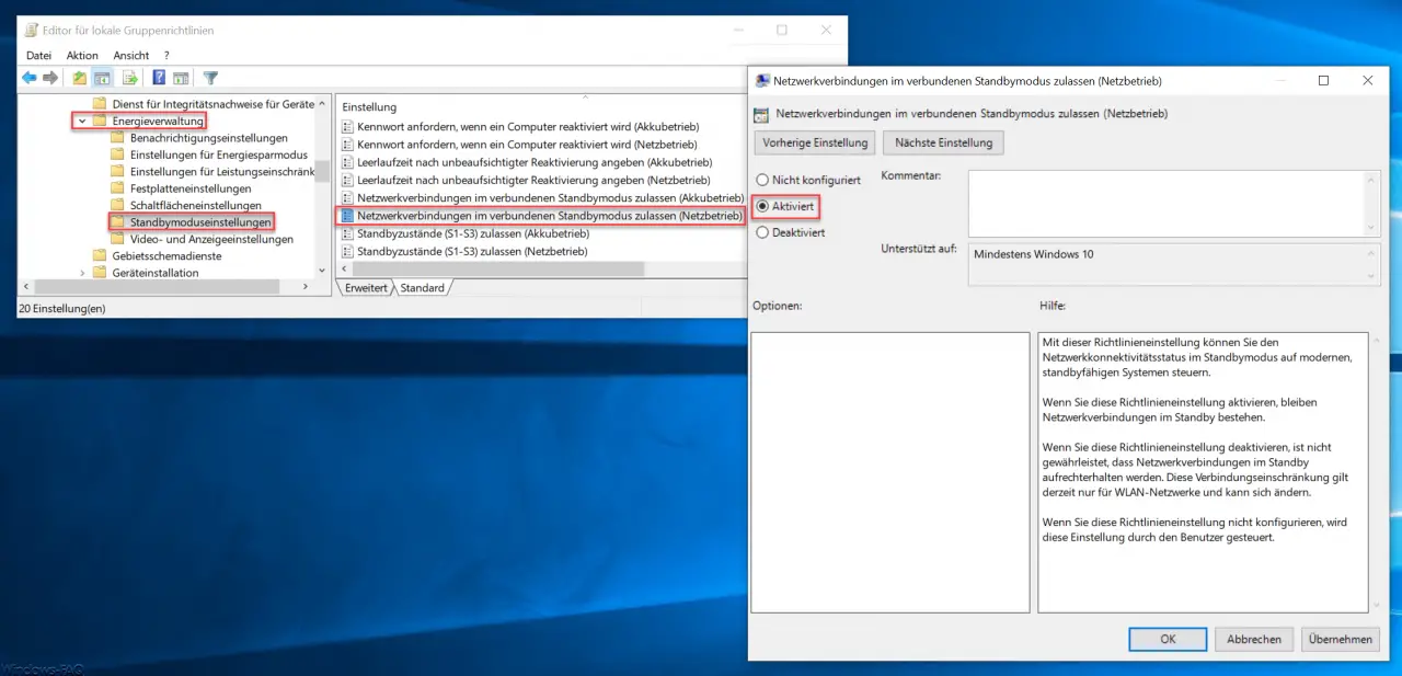 Allow network connections in connected standby