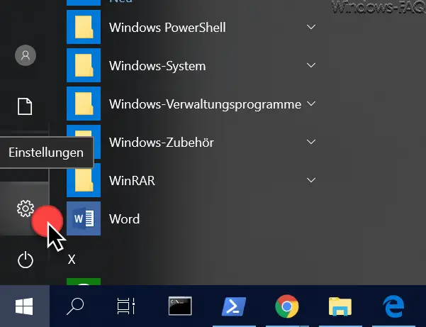 Call Windows 10 settings via the start menu