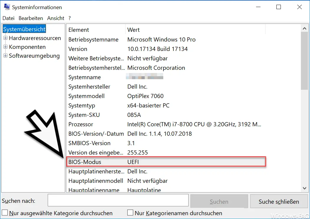 Bios Modus UEFI Windows system information