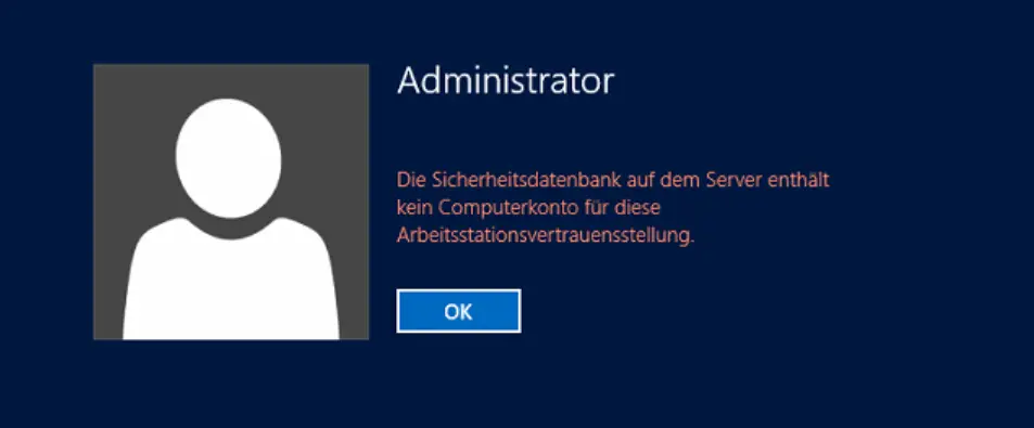The security database on the server does not contain a computer account for this work trust