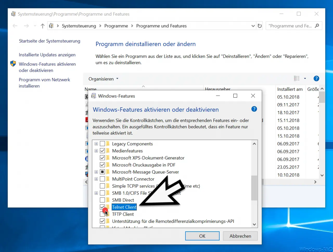 Telnet client installation Windows 10