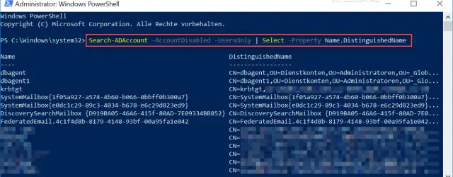 Search-ADAccount –AccountDisabled -UsersOnly | Select -Property Name, DistinguishedName