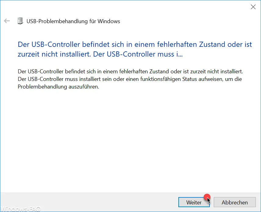 The USB controller is in a faulty state or is not currently installed. 