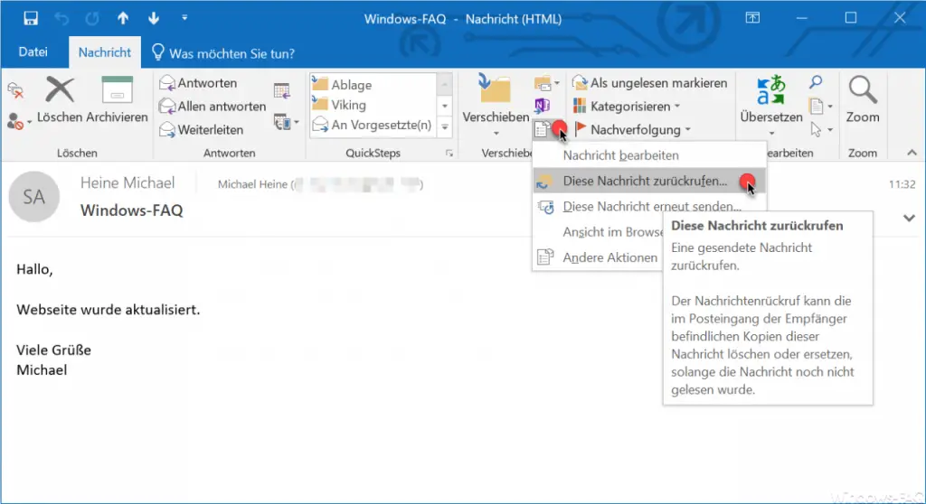 outlook mail zurückrufen web version