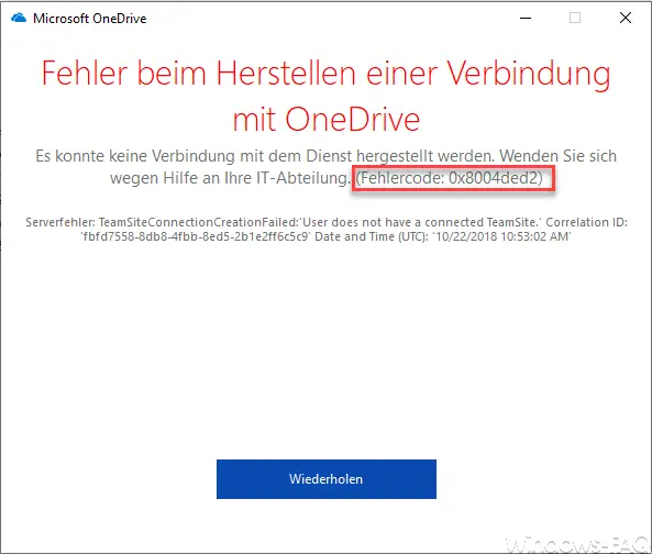 OneDrive connection failed