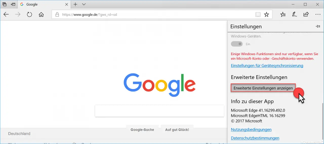 Edge Browser Show advanced settings