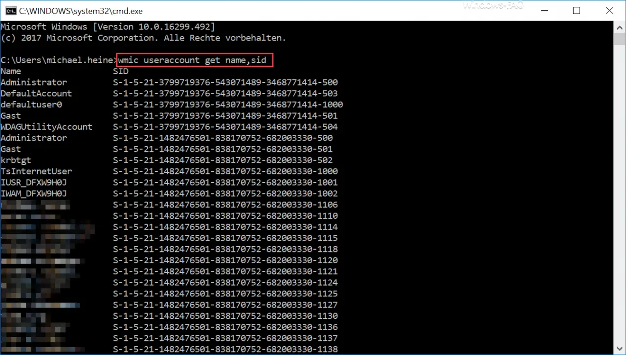 wmic user account get name sid