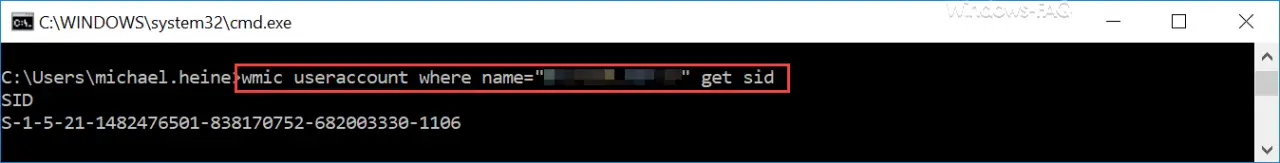 wmic user account where name get sid