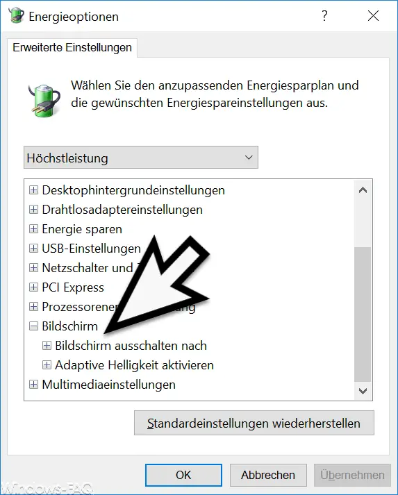 Power options Advanced settings