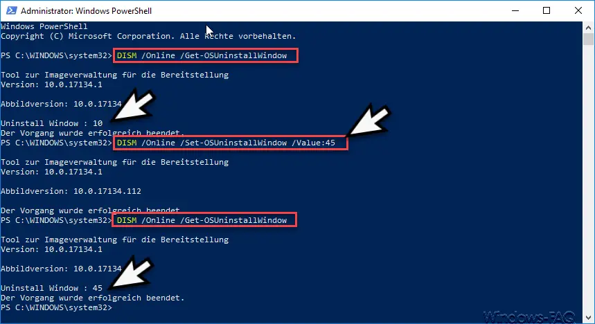DISM Online Set-OSUninstallWindow Value