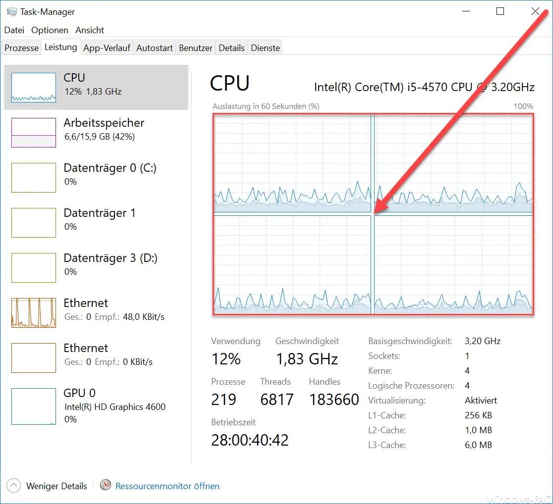 Display of the cores in the task manager