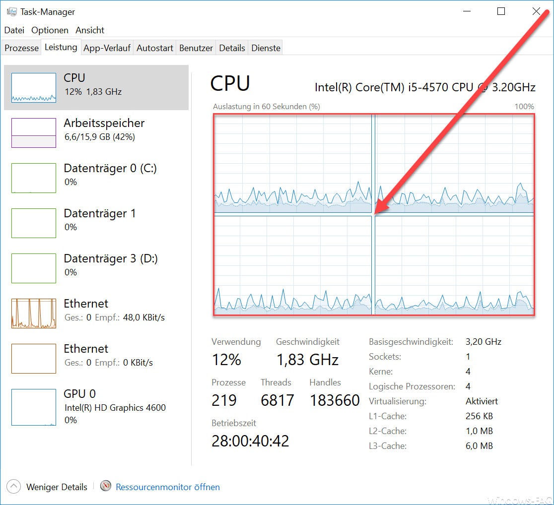 Display of the cores in the task manager