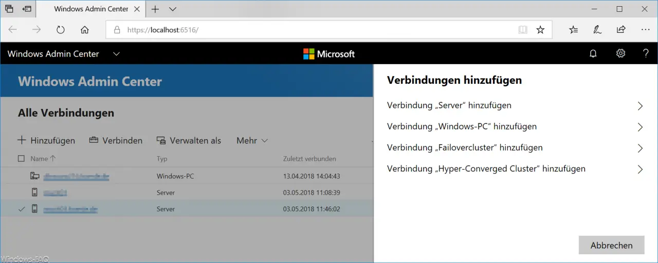 Connections Windows Admin Center