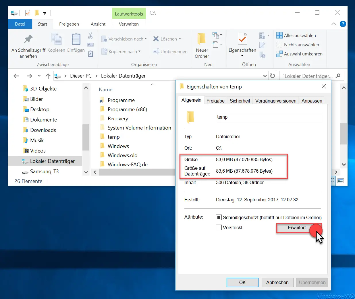 Properties of a folder in Windows Explorer
