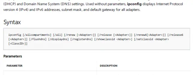 ipconfig command incl parameter