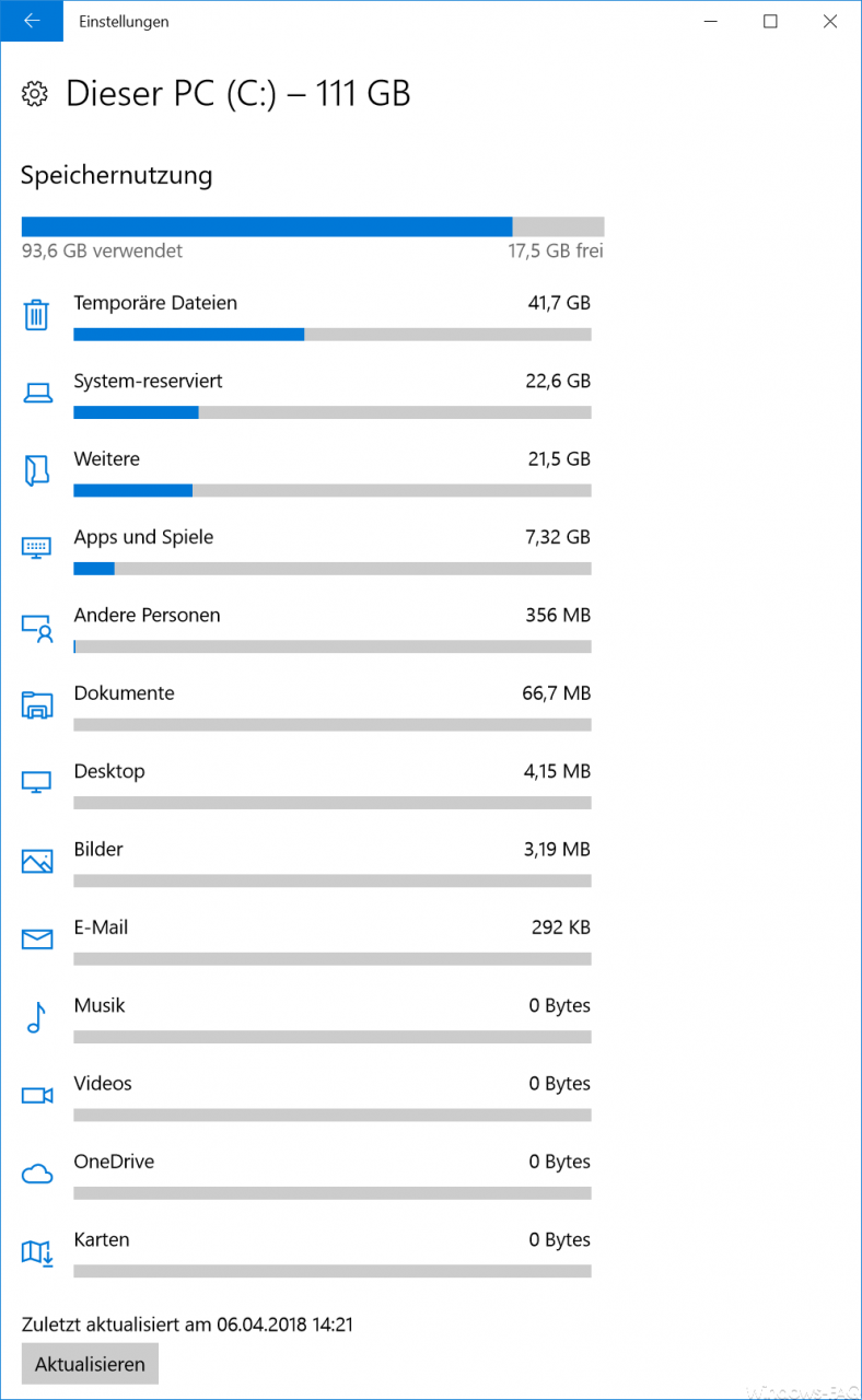 Memory usage Windows 10 overview of the individual areas