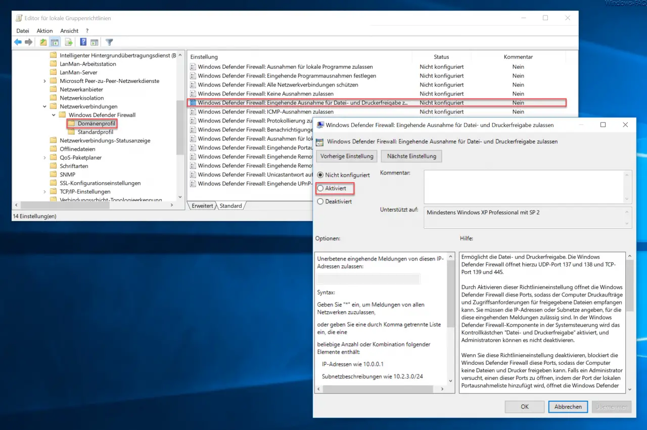 Windows Defender Firewall Allow incoming exception for file and printer sharing