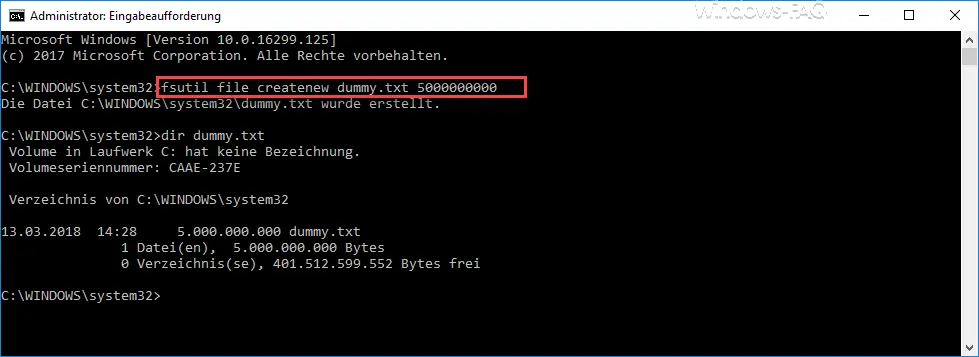 fsutil file createnew dummy.txt 5000000000