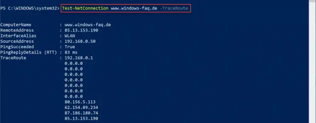Test-NetConnection -TraceRoute