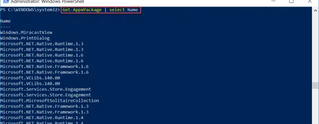 Get-AppxPackage select name