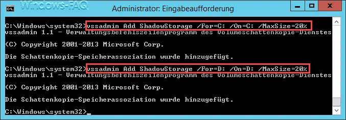 vssadmin Add ShadowStorage