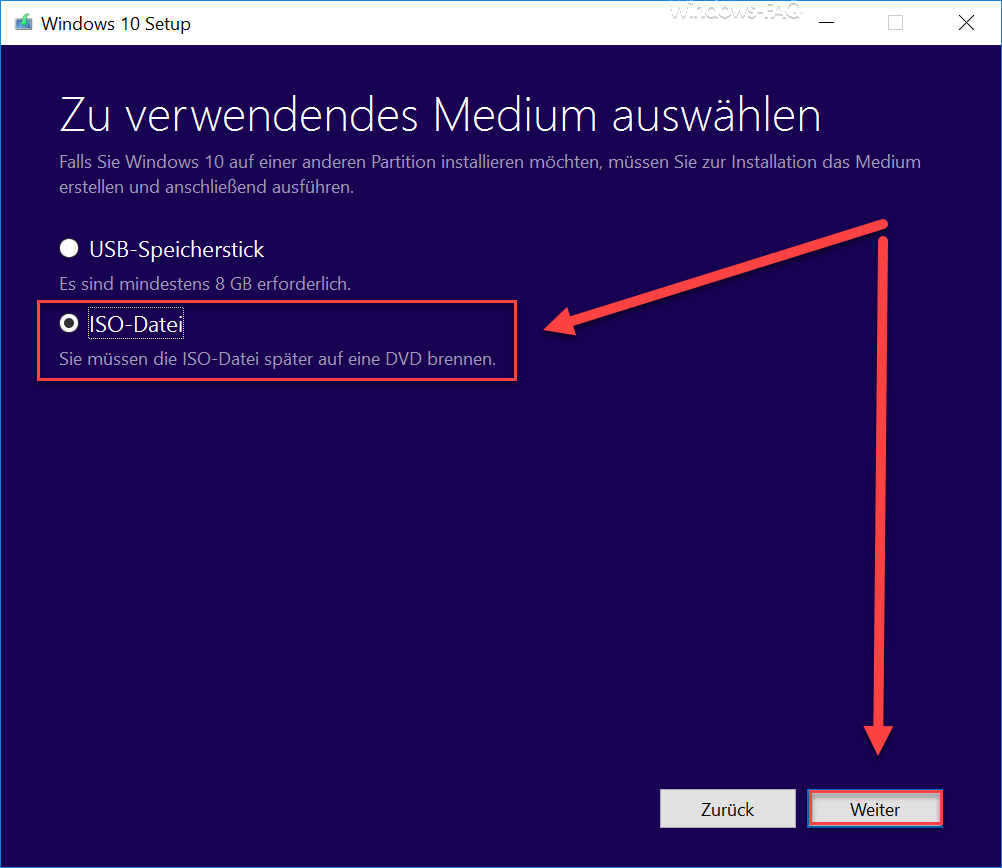 Windows 10 Setup - Select the medium to be used USB memory stick or ISO file