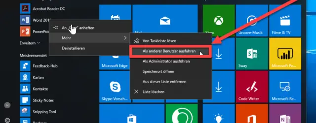 Windows 10 start menu context menu Run as a different user