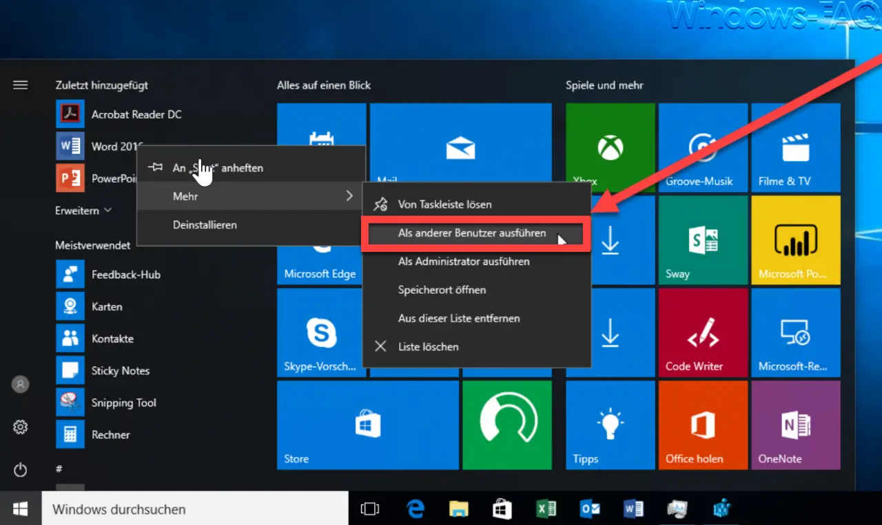 Windows 10 start menu context menu Run as a different user