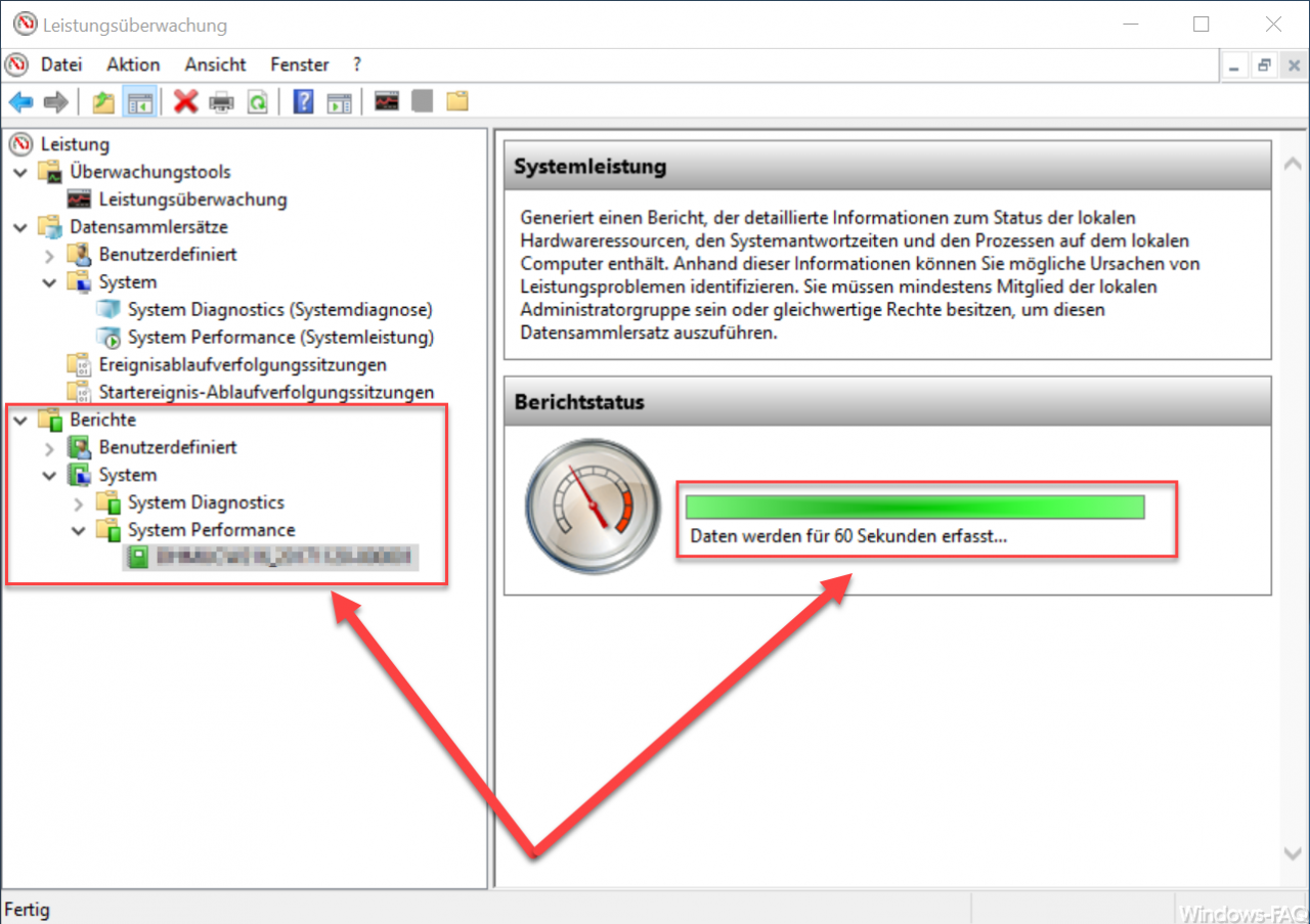 Windows performance monitoring report status