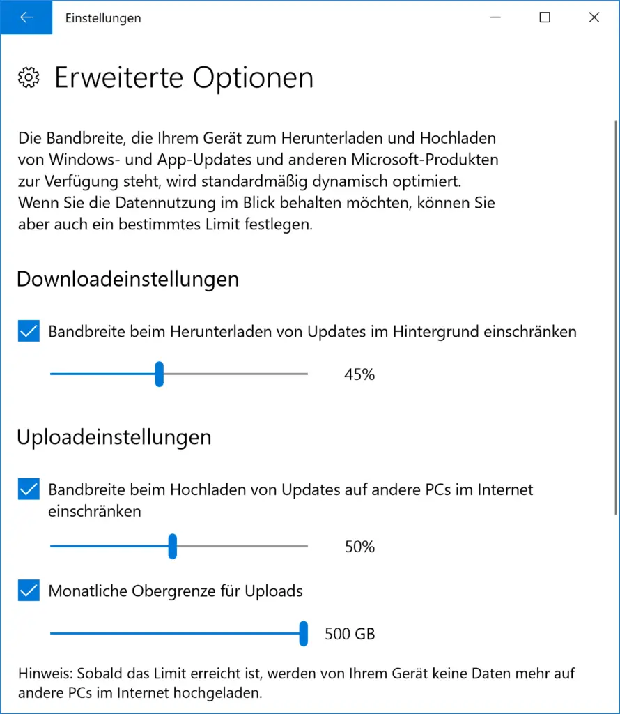 Download settings and upper limit for Windows updates for Fall Creators Update