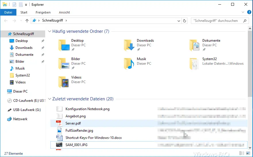 Windows 10 Explorer display frequently used folders and recently used files