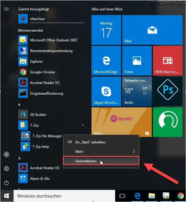 Uninstall in the Windows 10 Start menu
