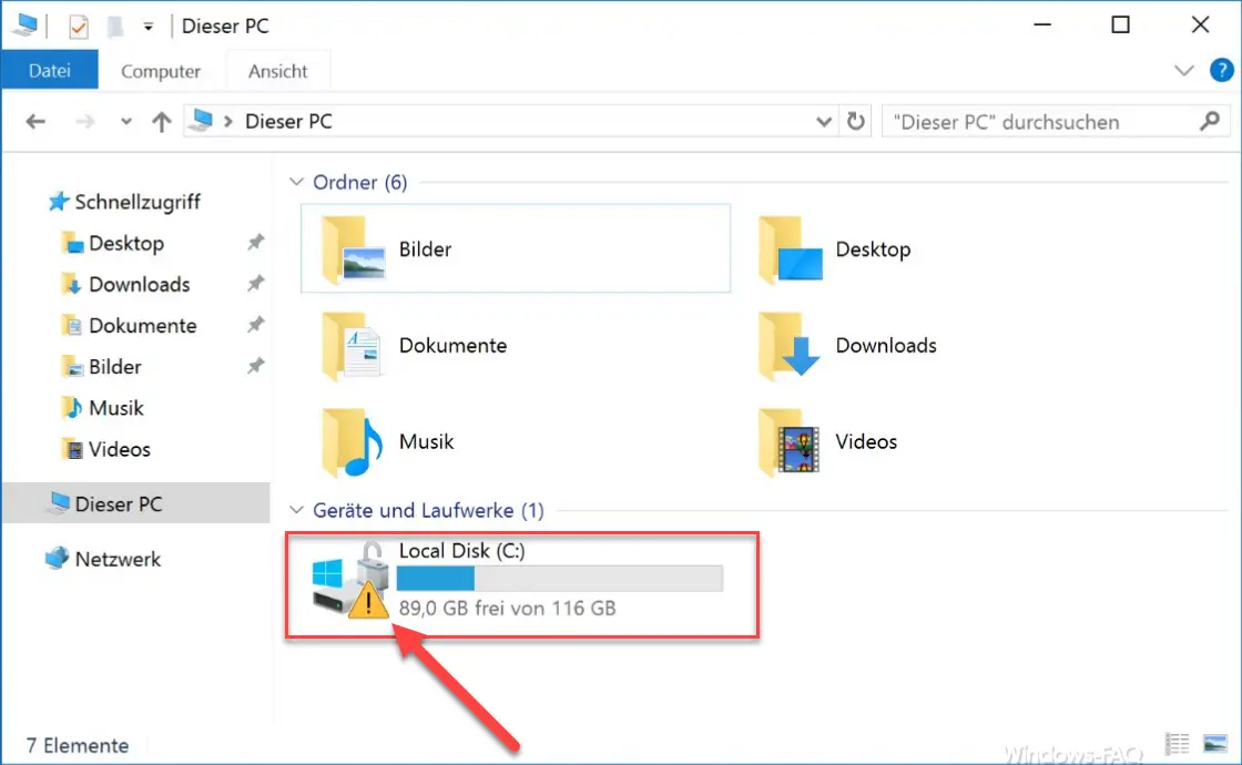 Exclamation mark on system partition in Windows 10 Explorer