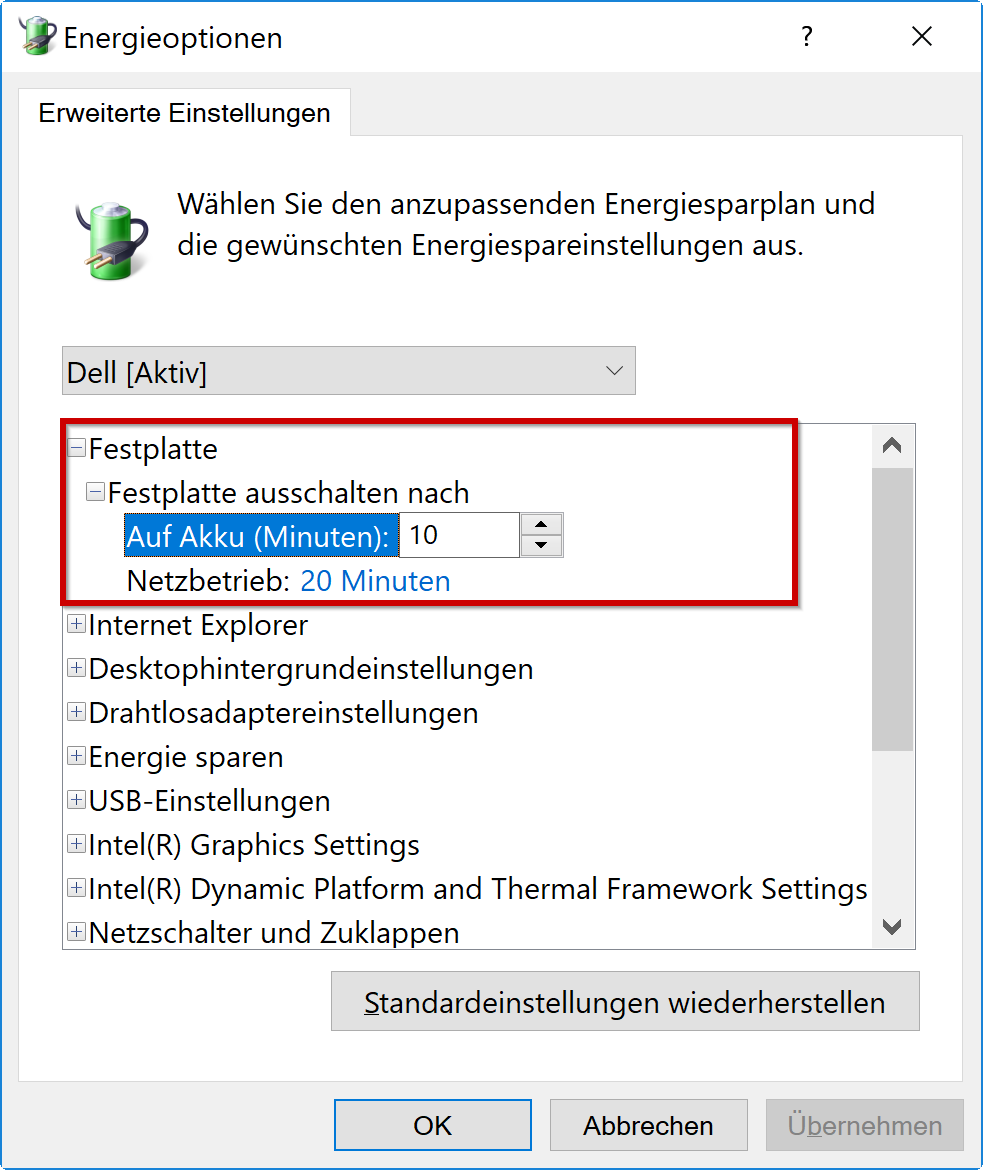 Windows 10 Advanced hard drive power options