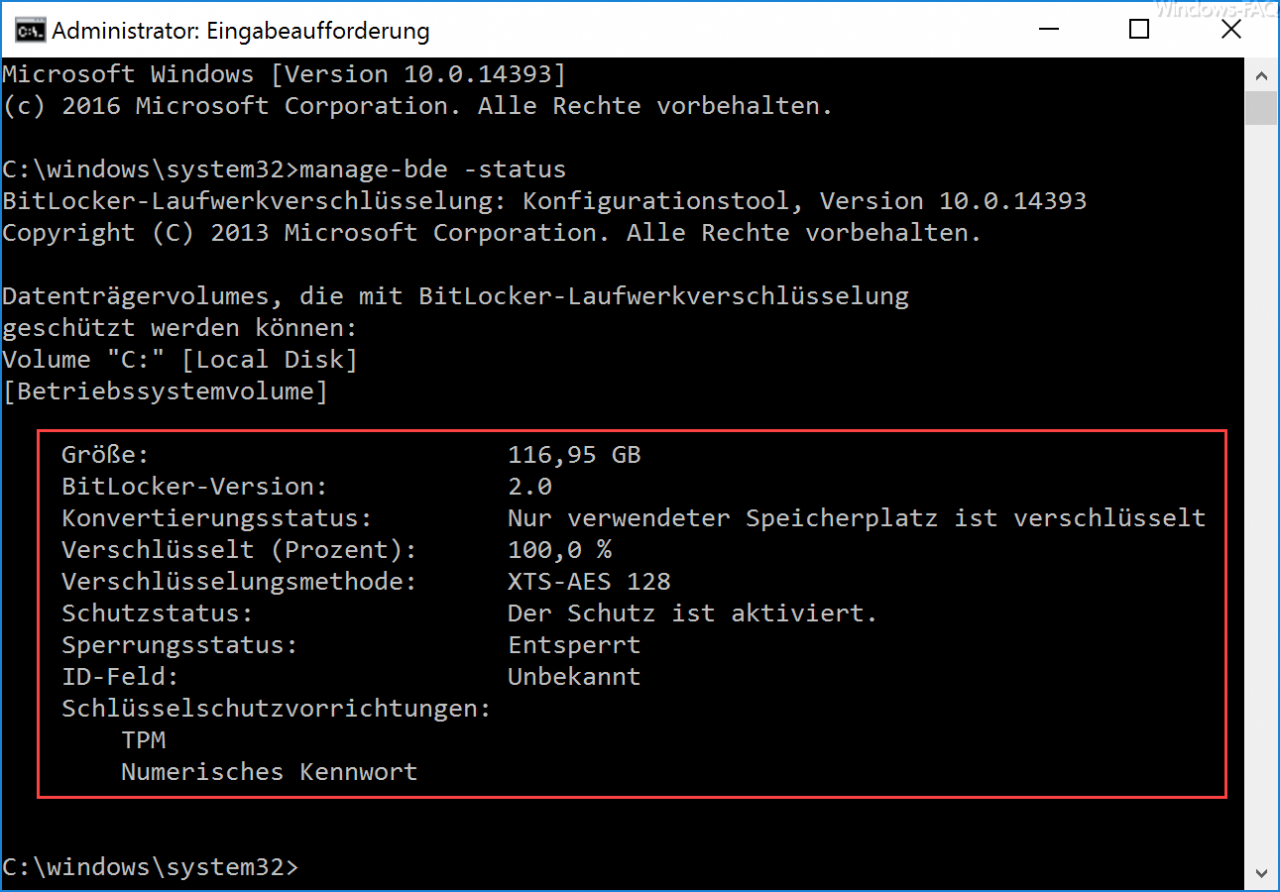 Bitlocker encryption Displays the settings