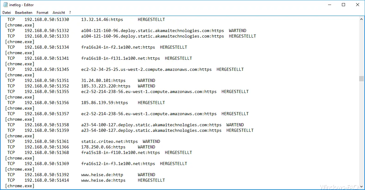 Log of Internet activities on the Windows PC